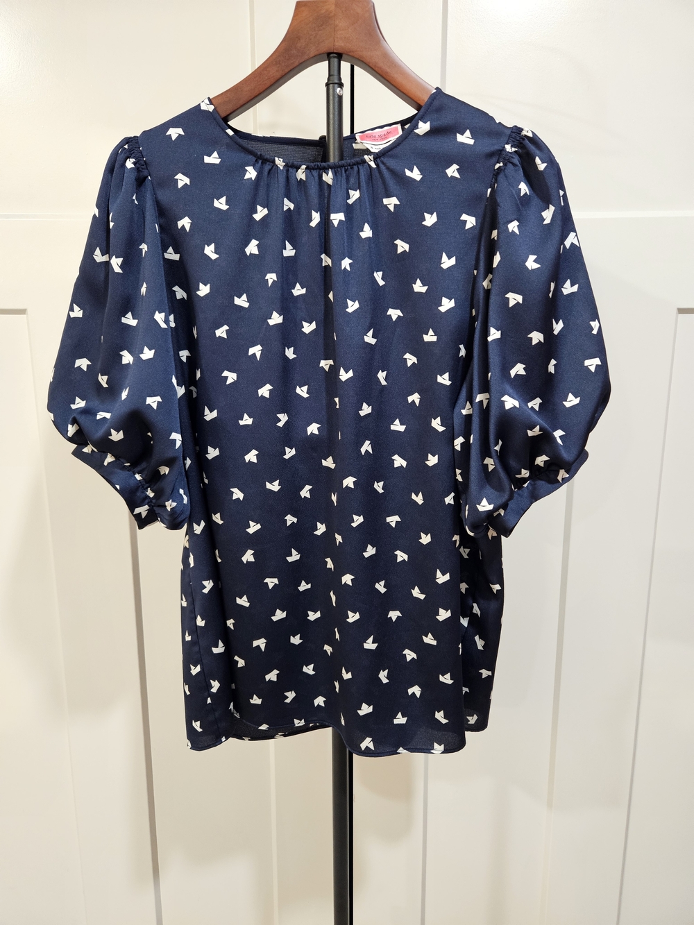Navy Puff-Sleeve Printed Blouse